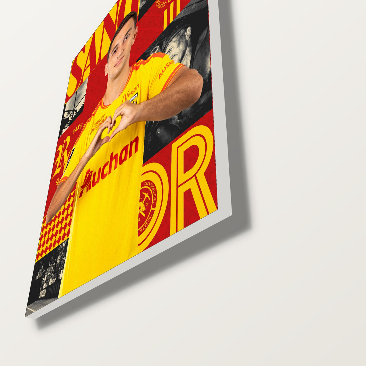 Détail de la tranche blanche et de l'impression d'une toile joueur RC Lens