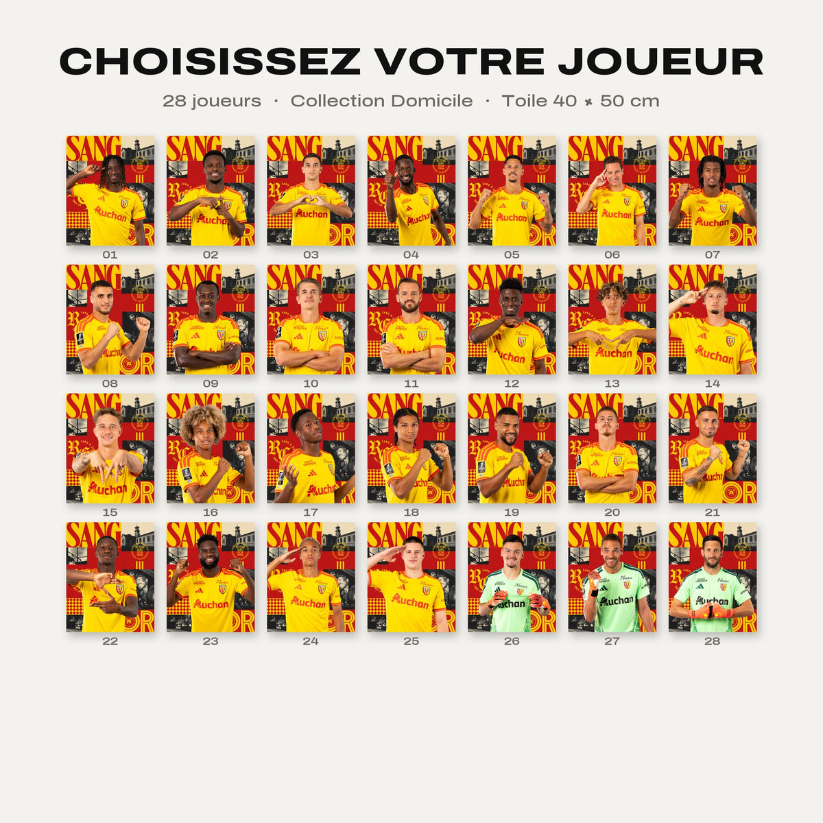 Les 28 joueurs de la collection Toile Joueur RC Lens Domicile