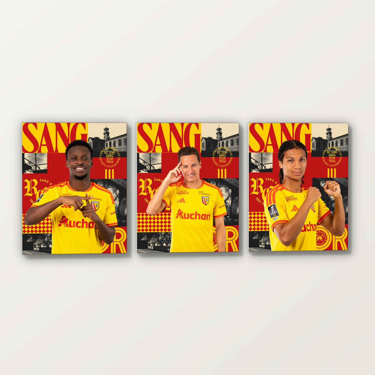Trois toiles joueurs RC Lens Domicile 40 × 50 cm côte à côte