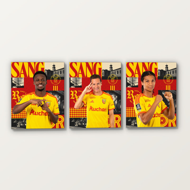 Trois toiles joueurs RC Lens Domicile 40 × 50 cm côte à côte