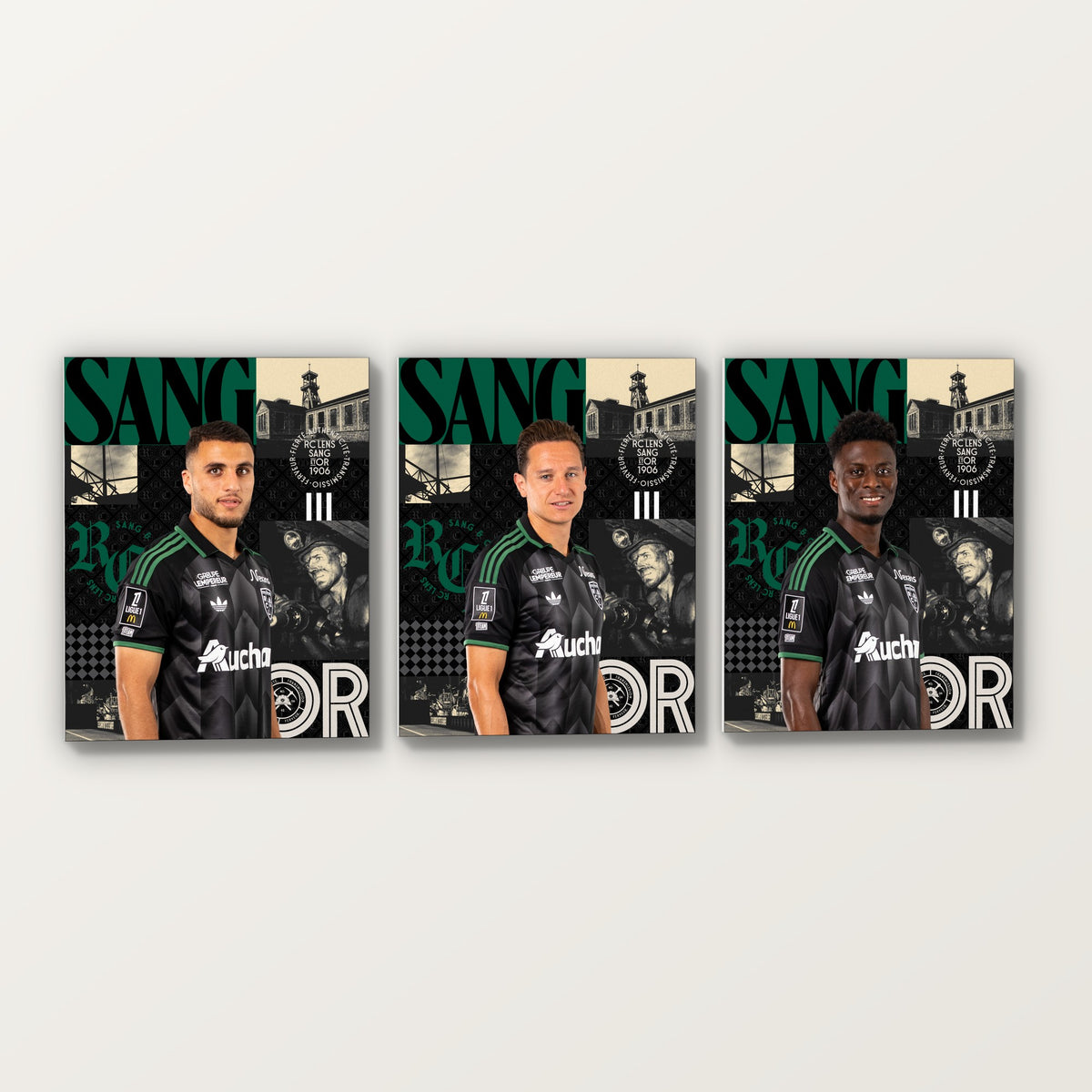 Trois toiles joueurs RC Lens Extérieur 40 × 50 cm côte à côte