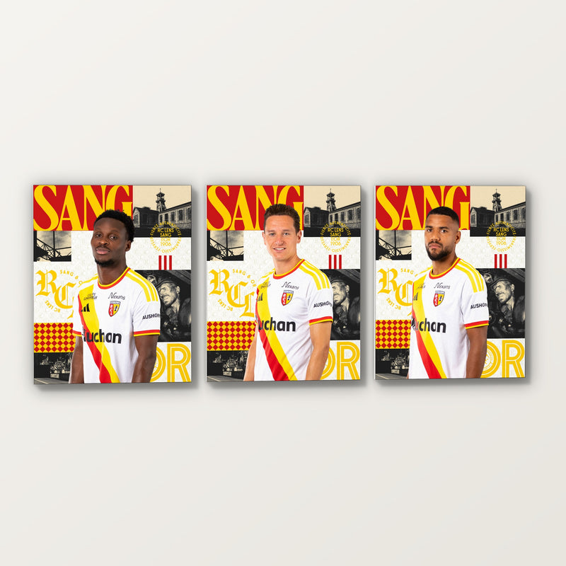 Trois toiles joueurs RC Lens Third 40 × 50 cm côte à côte