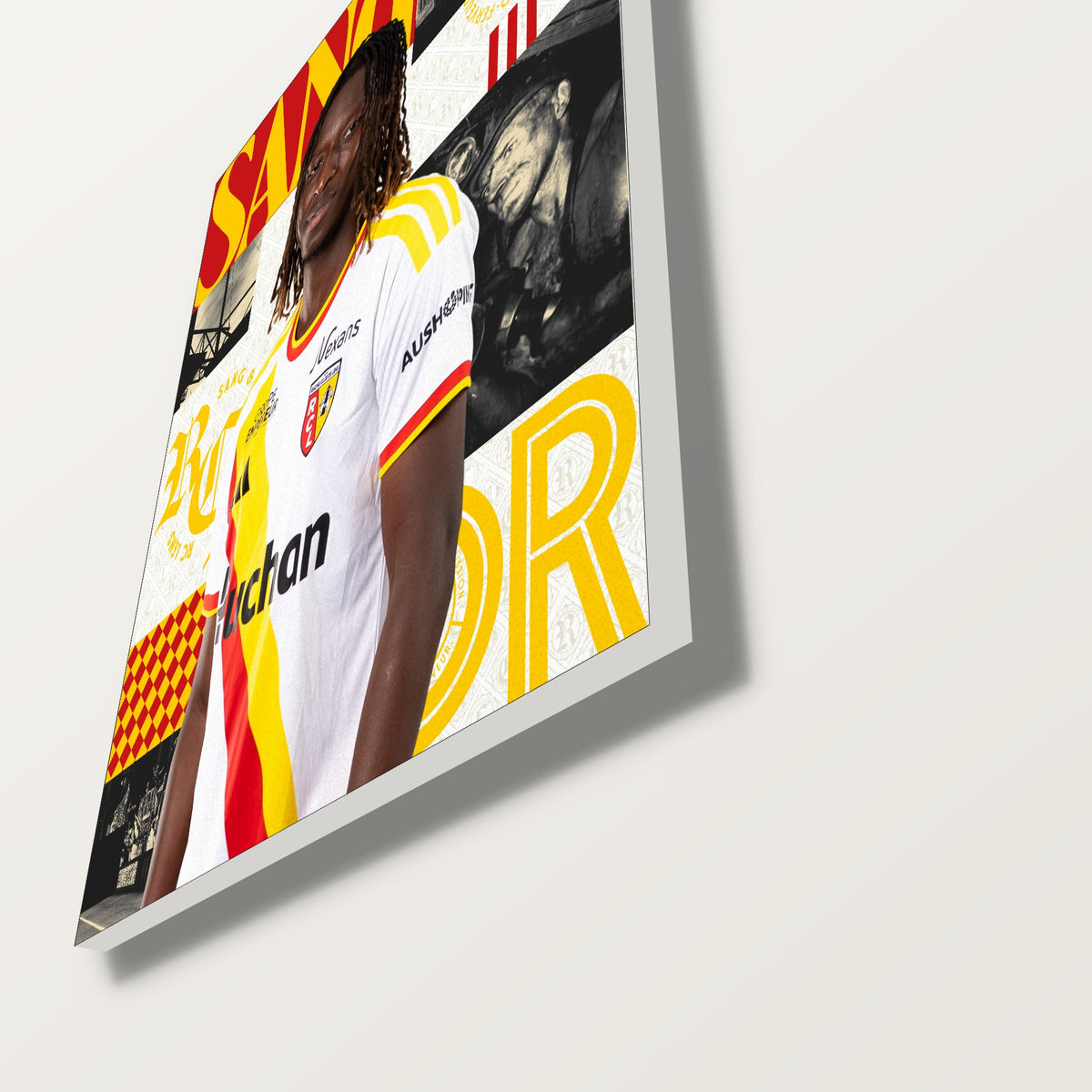 Détail de la tranche blanche et de l'impression d'une toile joueur RC Lens